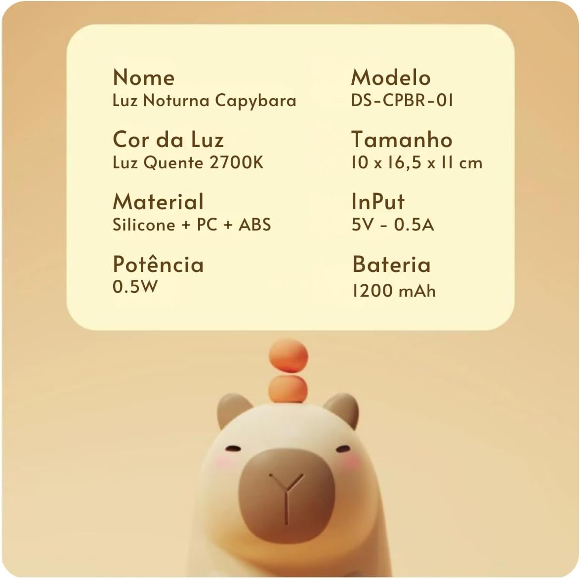 LUMINÁRIA DE SILICONE CAPIVARA - LUZ NOTURNA LED RECARREGÁVEL